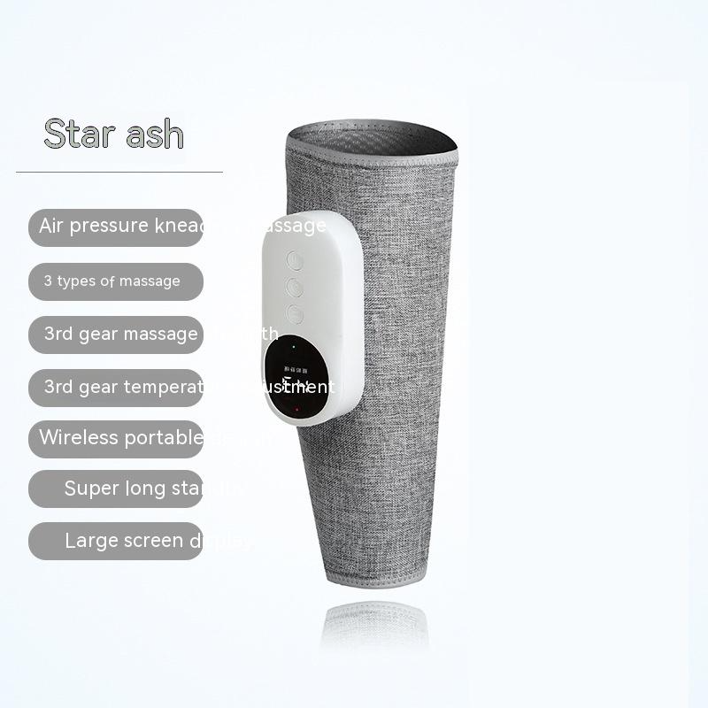 Electric calf massager in gray fabric with control panel, offering air pressure kneading and three massage types.