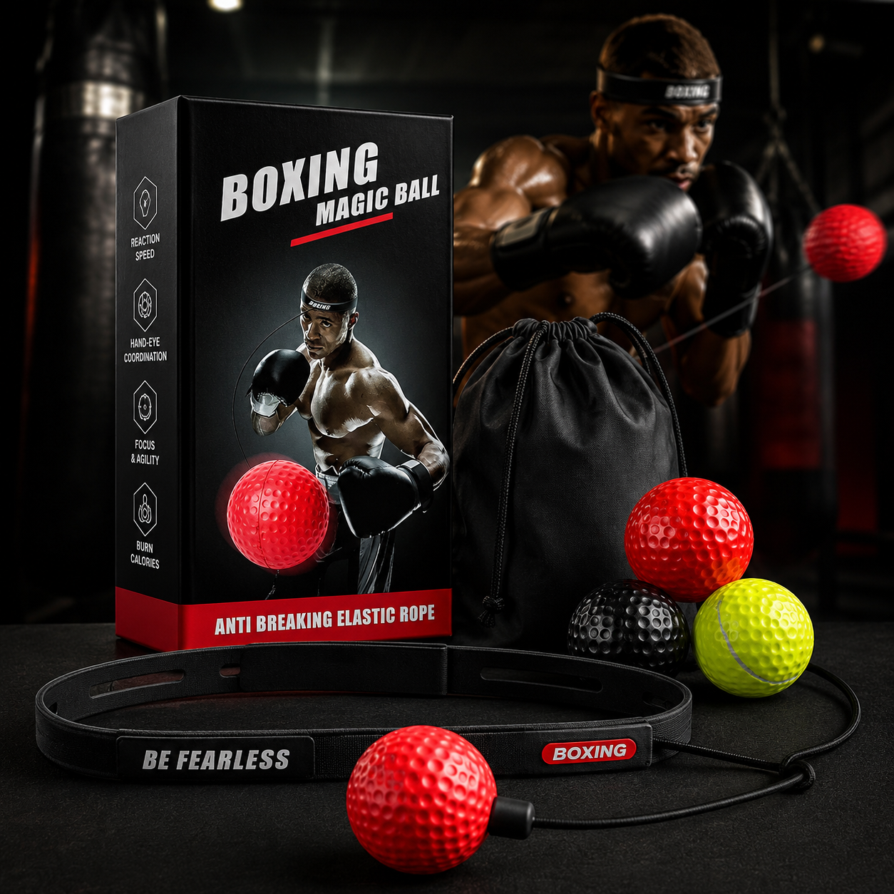 Boxing Headband Speed Ball Trainer set with red and yellow balls, elastic rope, and box for training and fitness.